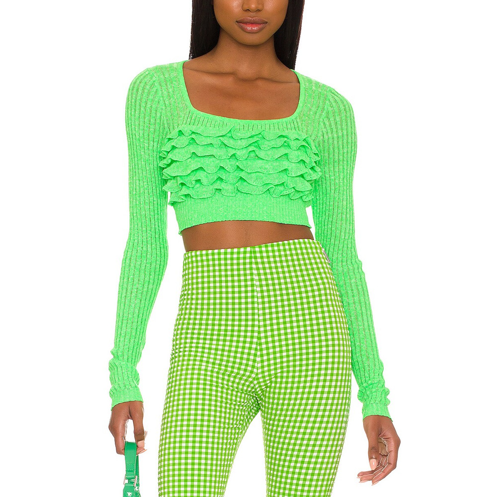 Msgm Ribbed Green Ruffle Bust Knit Top Size XS